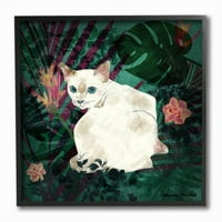Stupell Industries fehér macska virág kollázs fehér zöld dizájn grafikus művészet fekete keretes művészet nyomtatott