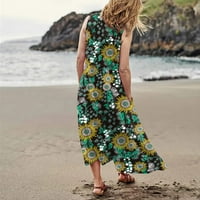 Női nyári alkalmi laza virágos nyomtatott Sundress U-nyakú ujjatlan Maxi Beach ruhák zseb Zöld S