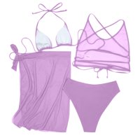 Női nyári divat szexi Egyszínű Csipke-up derék Bikini Chiffon csomót négy darab fürdőruha CHMORA