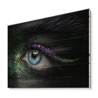 Designart 'Woman szeme zöld és lila pigment és szikrák modern nyomtatása természetes fenyőfán