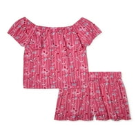 Rózsaszín bársonyos lányok virágcsík fodros felső és illeszkedő rövidnadrág, 2 darabos ruhakészlet, méret 4-12