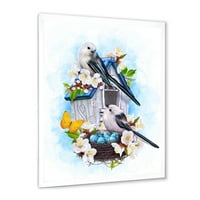 Designart 'Két cici madár ült a fészek közelében tojásokkal és fehér virágokkal II' hagyományos keretes művészeti nyomtatás