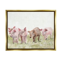 Stupell Industries Pink Baby Pigs legelésző farm gyep legelőfestés Fémes arany úszó keretes vászon nyomtatott fali