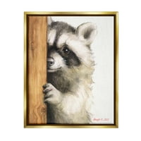 Stupell Industries Peering Raccoon Aranyos mosoly akvarell állati festmény Festés Fémes arany úszó keretes vászon nyomtatott