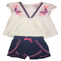 Kisgyermek lányok rózsaszín és fehér pillangó babaruházat sötétkék rojtos rövidnadrág 2t
